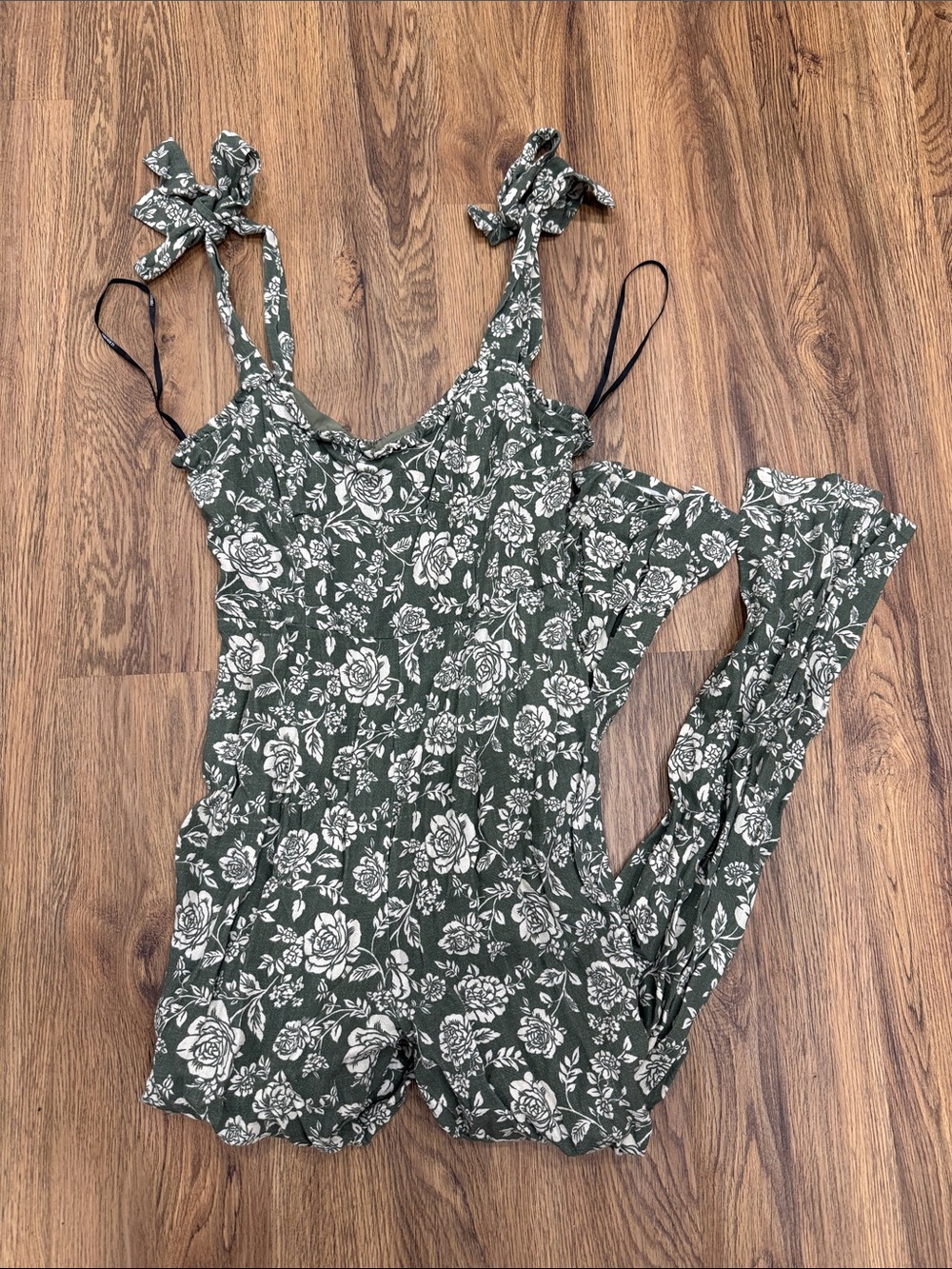 Forever 21 Olive Green Floral Smocked Romper with Tie Straps